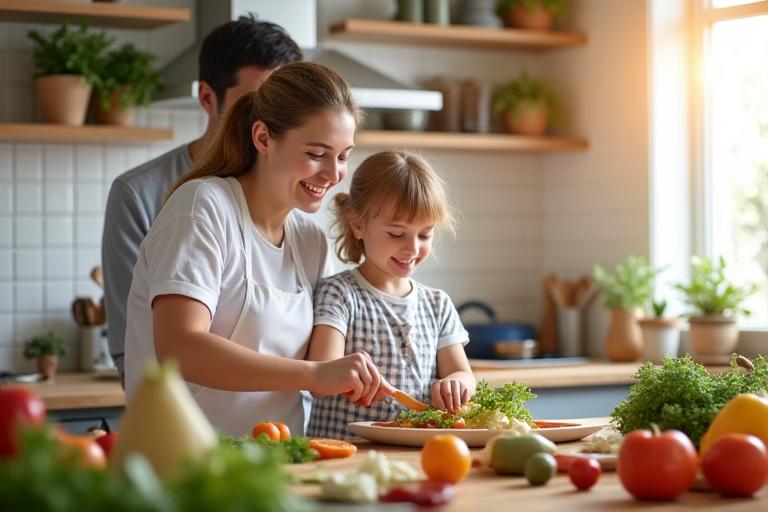 Familie kocht gemeinsam gesundes Essen in der Küche