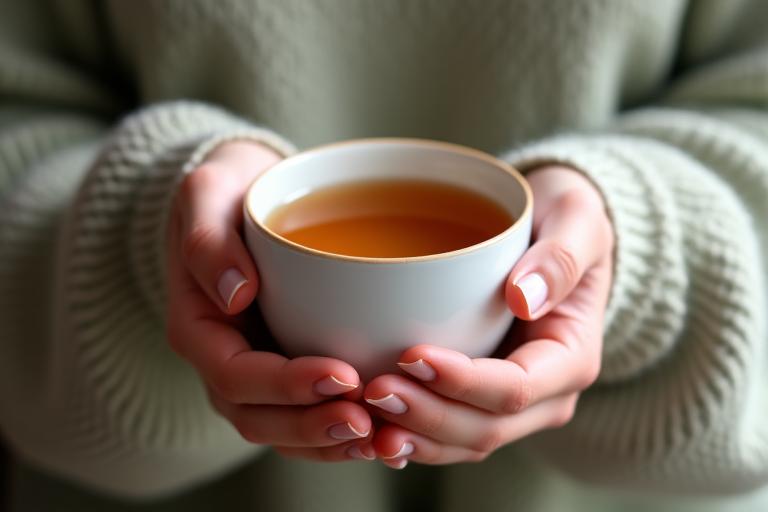 Person hält eine Tasse Tee in den Händen, Symbol für Wohlbefinden bei Magen-Darm-Beschwerden